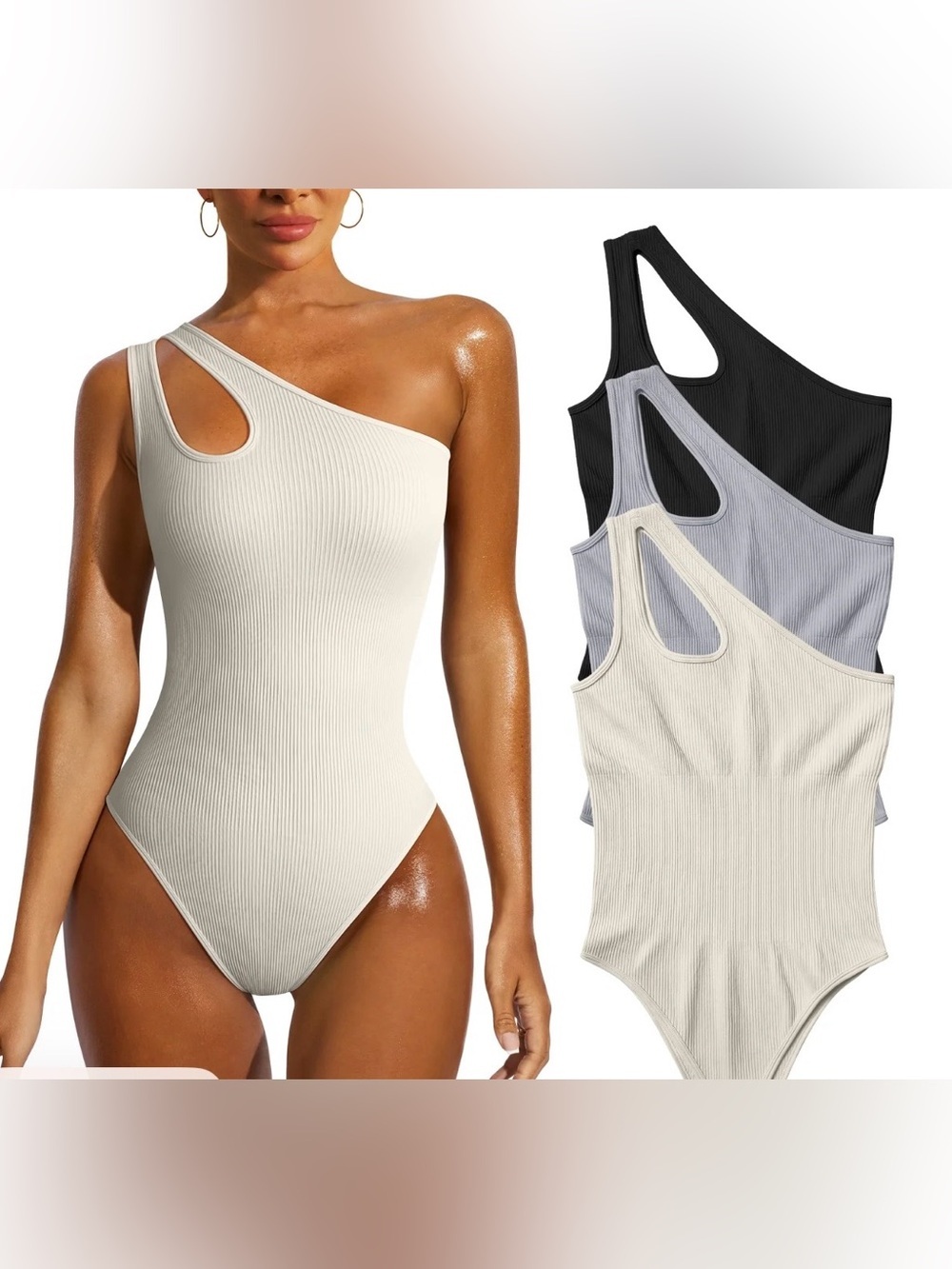One-Shoulder Ribbed Bodysuit Top (3), Cream, Grey & Black​
